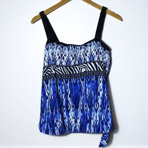 Maxine of Hollywood Tankini Swim Top Built In Bra Blue Abstract Geometric Sz 16